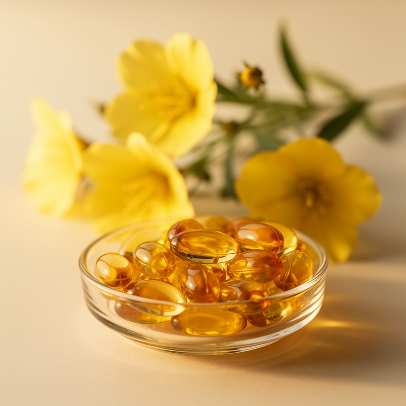 Evening Primrose Oil Complex bottles with evening primrose flowers